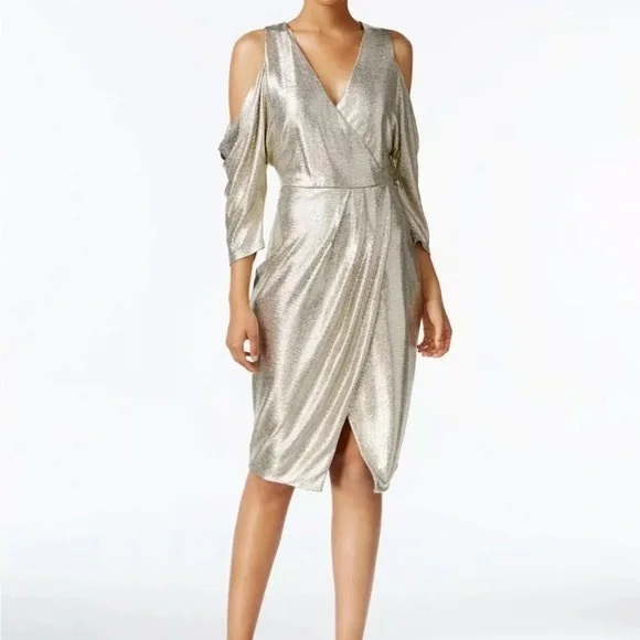 Rachel Roy Gold Shimmer Dress with Cold Shoulder Cutout Size Medium - Picture 1 of 7